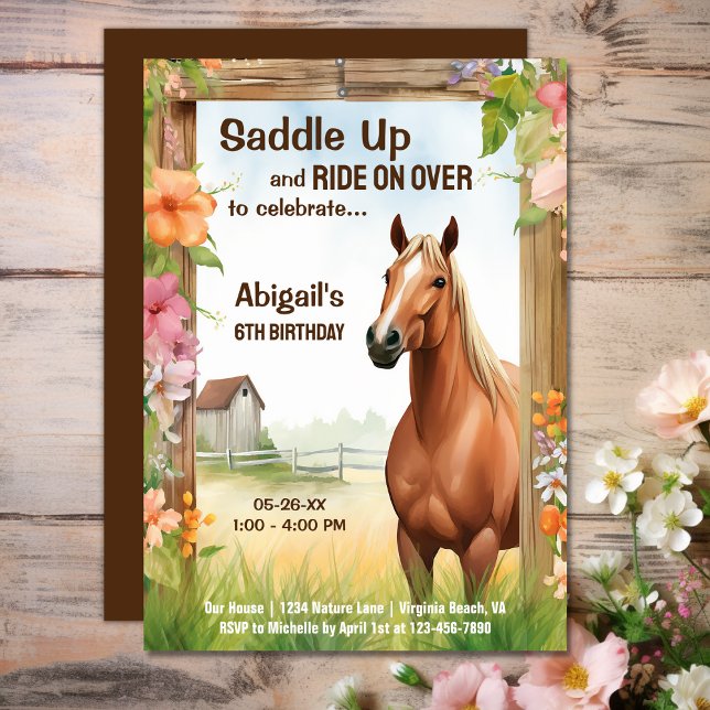 Saddla upp Söt Horse and Flowers Birthday Inbjudningar (Saddle Up Pretty Horse and Flowers Birthday Invitation)