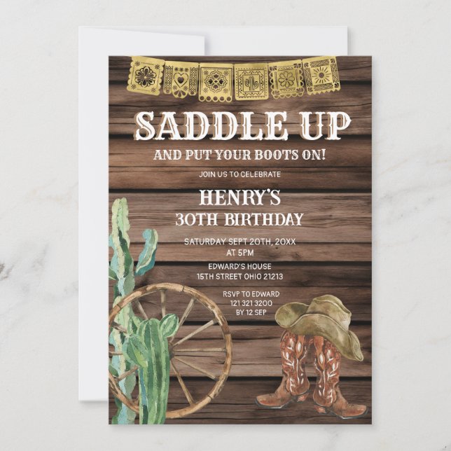 Saddla upp Westerna Cowboys Birthday Rustic Wood Inbjudningar (Framsida)
