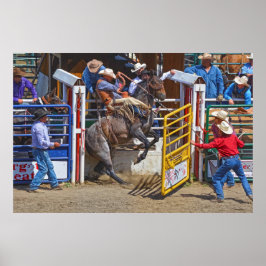 Saddle Bronc Breaking out of Rodeo Chute w Cowboy Poster