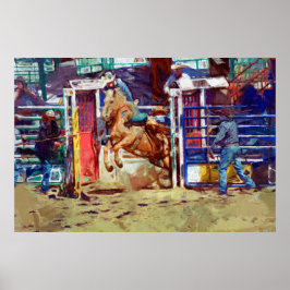 Saddle Bronc Breaking out of Rodeo Chute w Cowboy Poster