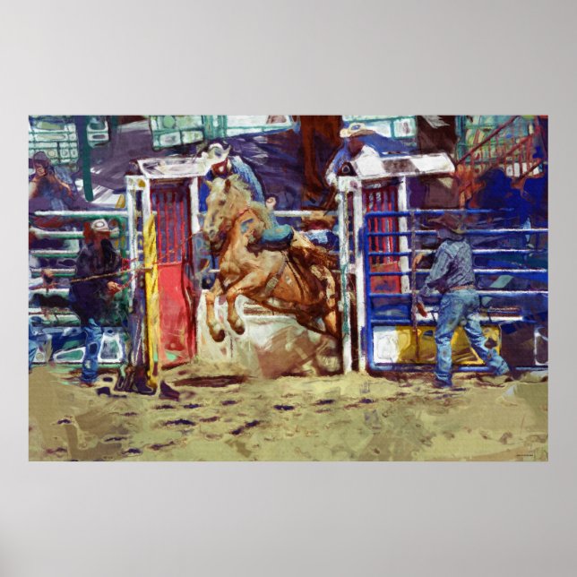 Saddle Bronc Breaking out of Rodeo Chute w Cowboy Poster (Framsidan)