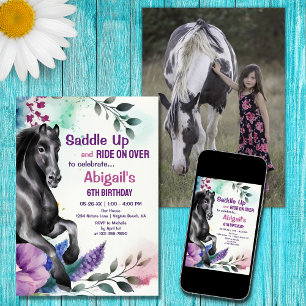 Saddle Up Black Horse and Flowers PHOTO Birthday Inbjudningar