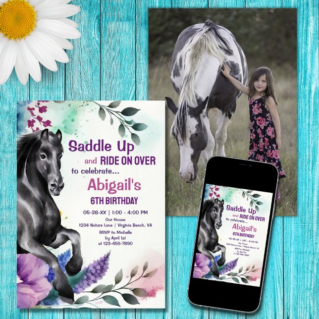 Saddle Up Black Horse and Flowers PHOTO Birthday Inbjudningar (Skapare uppladdad)