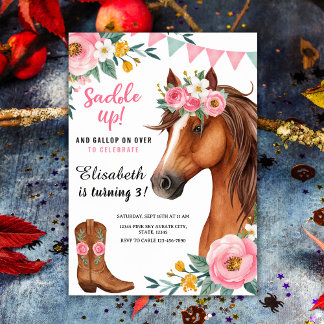 "Saddle Up" Blommigt Horse & Cowgirl Boots Birthda Inbjudningar