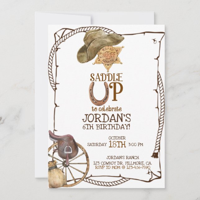 SADDLE UP, COWBOY PARTY, BOY BIRTHDAY,WESTERN MEDDELANDE (Framsida)