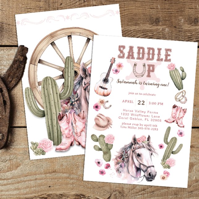 Saddle Up Cowgirl Horse 1st Birthday Party Inbjudningar (Horse Birthday Party Invite)