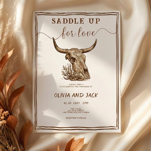 Saddle Up for Love Western Ranch Cow Skull Wedding Inbjudningar (Skapare uppladdad)