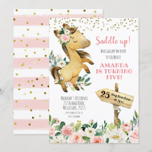Saddle up Girl Blommigt Horse Birthday-inbjudan Inbjudningar