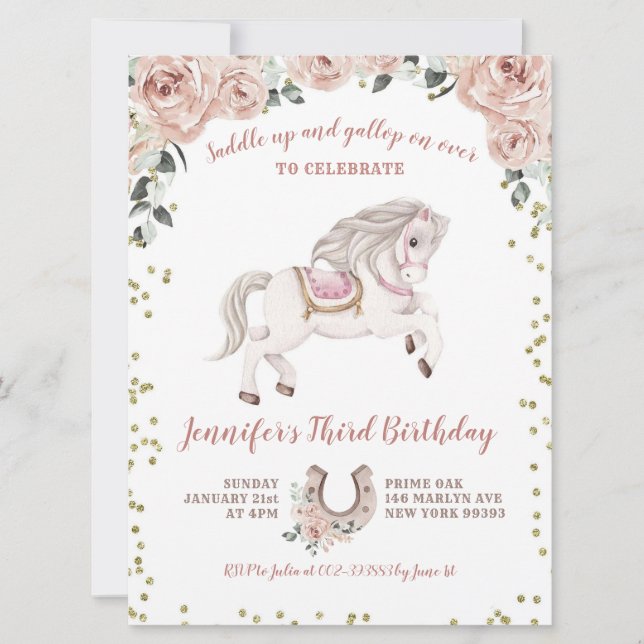 Saddle Up Girl Rosa Pony Birthday-inbjudan Inbjudningar (Framsida)