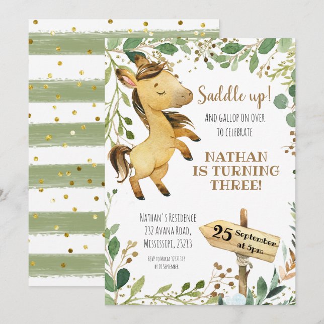 Saddle up Horse Birthday bjudande Inbjudningar (Fram/baksida)