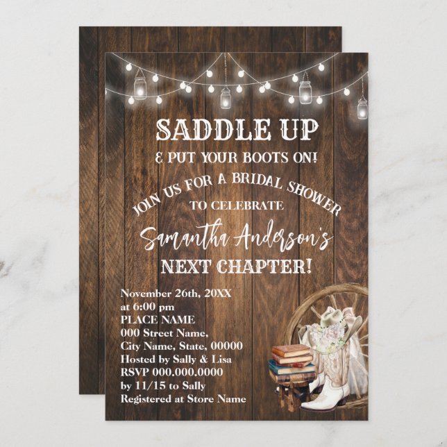 Saddle Up Put Your Boots & Books Bridal Shower Inbjudningar (Fram/baksida)