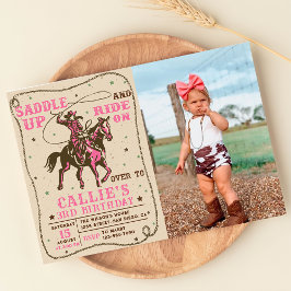 Saddle Up Rodeo Western Cowgirl Birthday Photo Inbjudningar