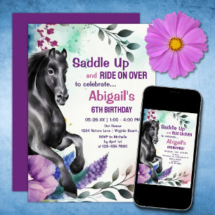 Saddle Up Söt Black Horse and Flowers Birthday Inbjudningar