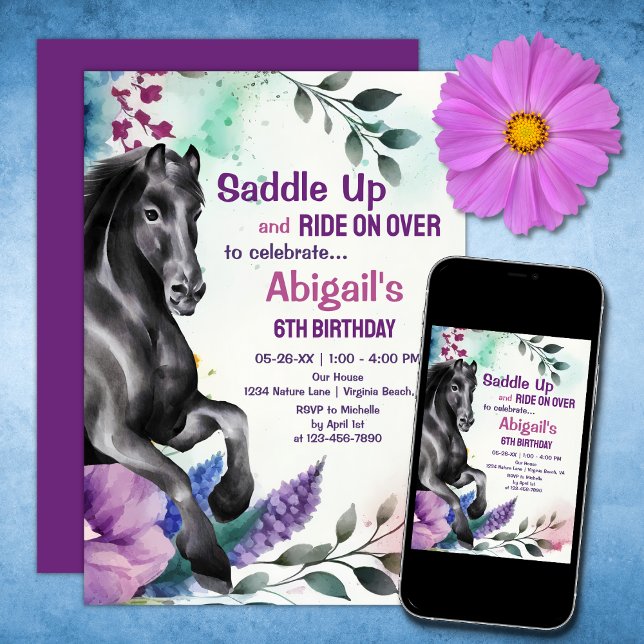 Saddle Up Söt Black Horse and Flowers Birthday Inbjudningar (Skapare uppladdad)