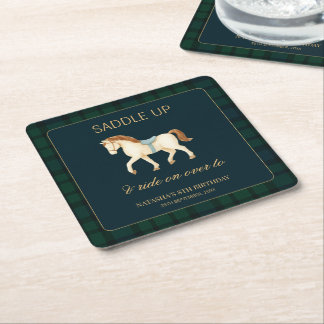 Saddle Up Vintage Preppy Horse Birthday  Underlägg Papper Kvadrat