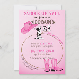 Saddle upp 1:a födelsedag Rosa Cowgirl Boots Hat Inbjudningar