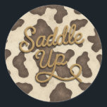 Saddle upp Brun Cow Land Western Rodeo Party Runt Klistermärke<br><div class="desc">Rustic Brown Cow Print Land Western Rodeo Party Stickers.</div>