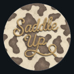 Saddle upp Brun Cow Land Western Rodeo Party Runt Klistermärke<br><div class="desc">Rustic Brown Cow Print Land Western Rodeo Party Stickers.</div>