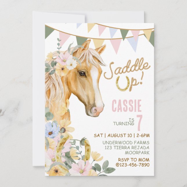 Saddle upp, Cowgirl Birthday, Rodeo, Horse Birthda Inbjudningar (Framsida)