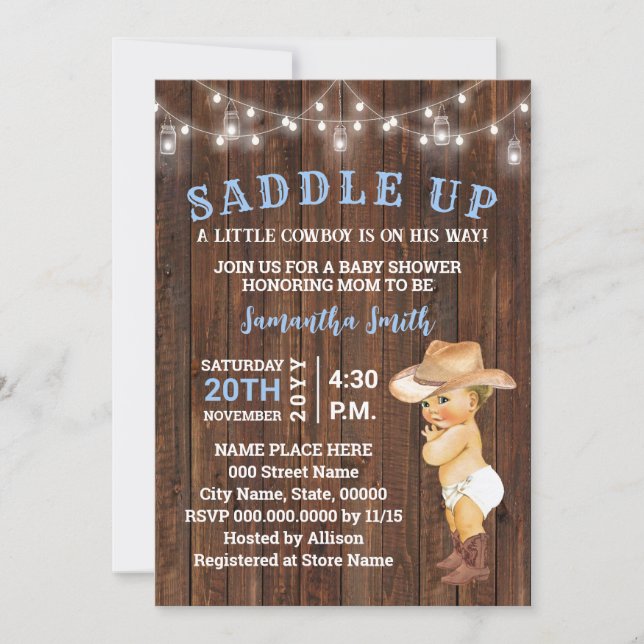 Saddle upp en liten Cowboy är hans lilla babyskor  Inbjudningar (Framsida)