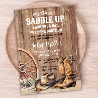 Saddle upp Land Western Cowboy Party Boots Hat Inbjudningar