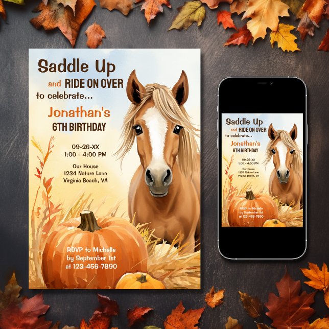 Saddle uppåt på hösten - höstfällans födelsedag inbjudningar (Printed and Digital - Cute Autumn Horse and Pumpkin Fall Birthday Invitation)