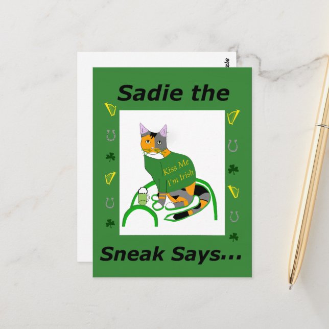 Sadie the Sneak St. Patrick's Day Postcard Vykort (Fram/Back In Situ)