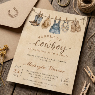 Sadla Upp Cowboy Baby Shower Rustik Western Rodeo Inbjudningar