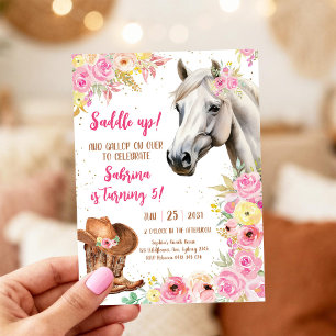 Sadla Upp Häst Cowgirl Födelsedagsinbjudan Inbjudningar