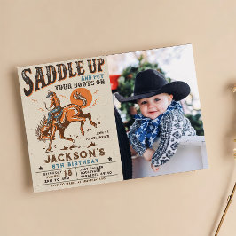 Sadla Upp Western Rodeo Cowboy Födelsedagsfoto Inbjudningar