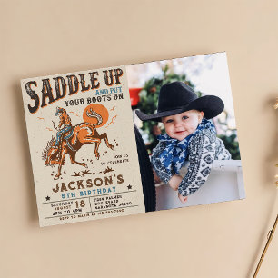 Sadla Upp Western Rodeo Cowboy Födelsedagsfoto Inbjudningar