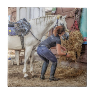 Sadlad häst på att mata Time Kakelplatta