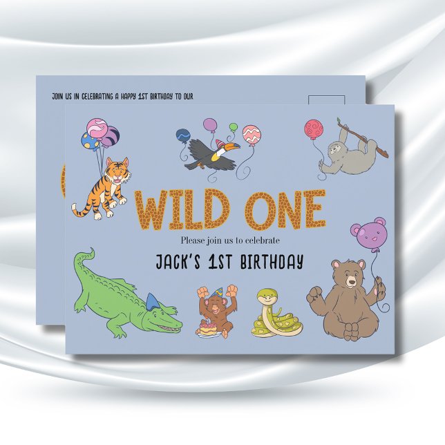 Safari 1:a födelsedagsinbjudan Vild ett djur Vykort (Wild One 1st Birthday Jungle Safari animals invitation in blue.)