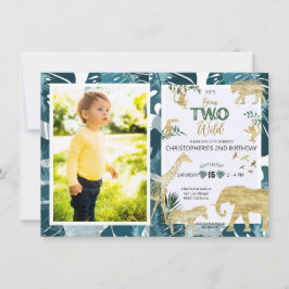Safari 2 Vilder Birthday Photo Greenery & Guld Inbjudningar