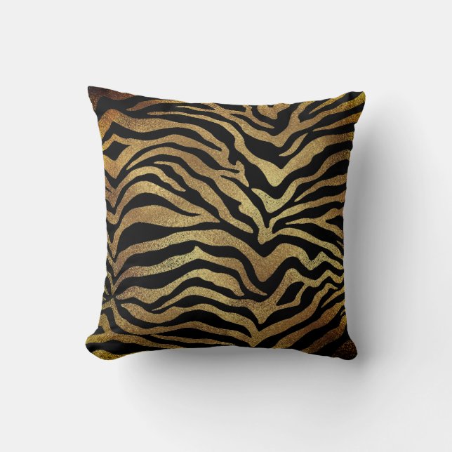 Safari African Guld Glam Zebra Animal Skin Black Kudde (Framsida)