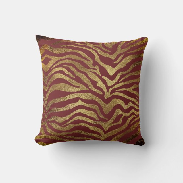 Safari African Guld Glam Zebra Animal Skin Burgund Kudde (Framsida)