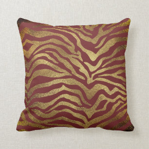 Safari African Guld Glam Zebra Animal Skin Burgund Kudde