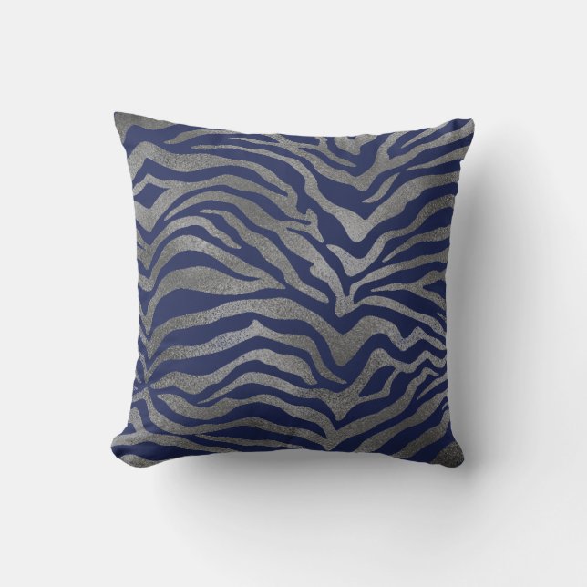 Safari African Silver Glam Zebra Animal Skin Navy Kudde (Framsida)