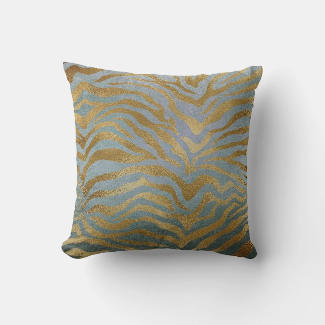 Safari African Teal Guld Glam Zebra Animal Skin Kudde (Framsida)