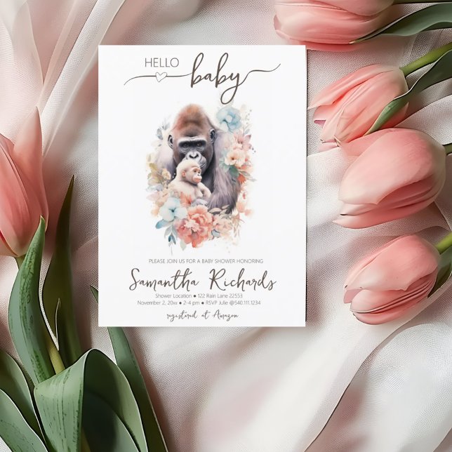 Safari Animal Ape Monkey Blommigt Mamma Baby Showe Inbjudningar (Safari Animal Ape Monkey Floral Mom Baby Shower Invitation)