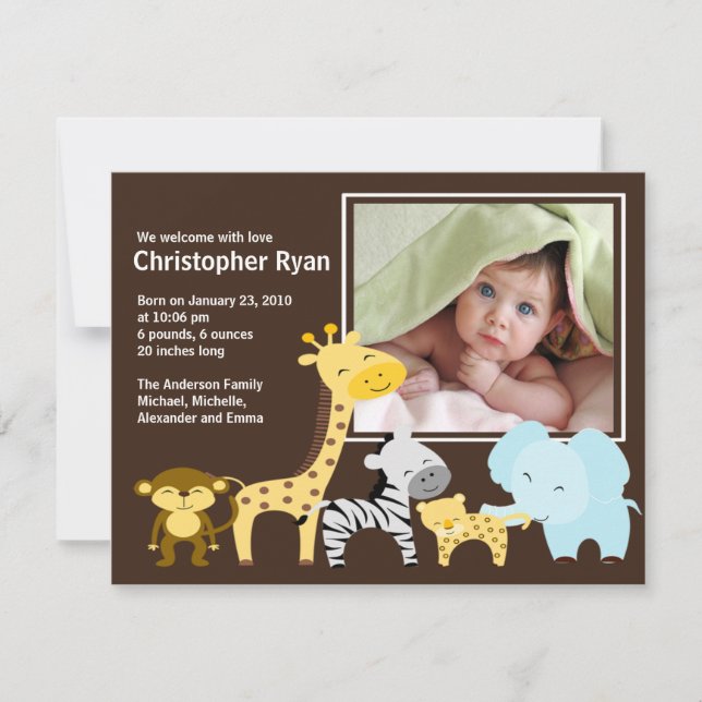 Safari Animal Baby Birth Foto Notice Inbjudningar (Framsida)