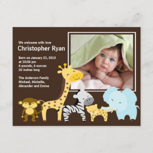 Safari Animal Baby Birth Foto Notice Inbjudningar
