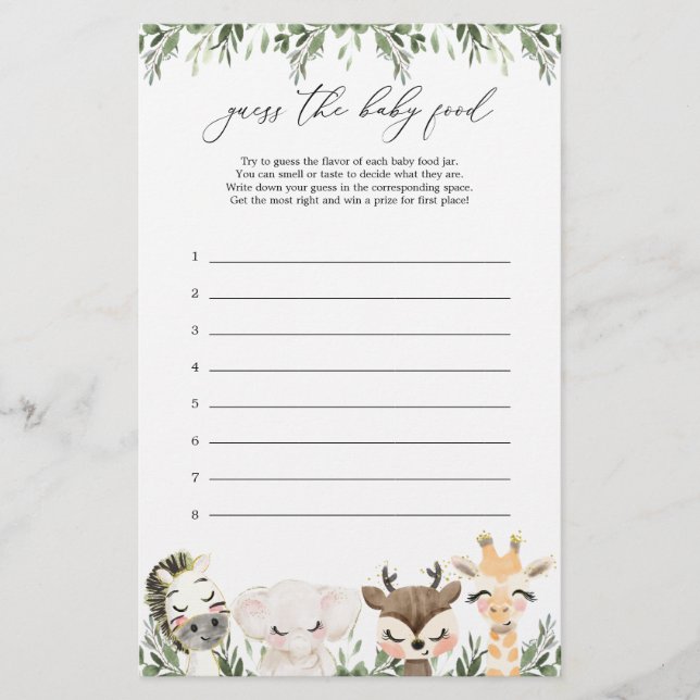 Safari Animal Baby Shower gissar att matspelet i B (Framsida)