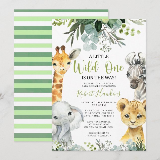 Safari Animal Baby Shower-inbjudan Greenery Inbjudningar (Fram/baksida)