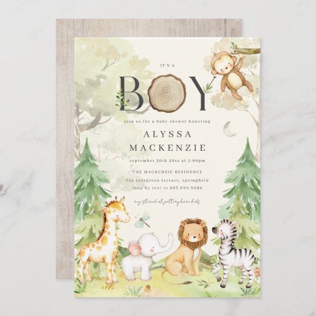 Safari Animal Baby Shower Invitation Inbjudningar (Fram/baksida)