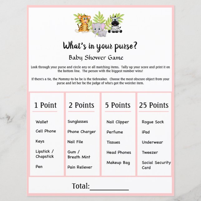 Safari Animal Baby Shower Whin your Purse Game (Framsida)
