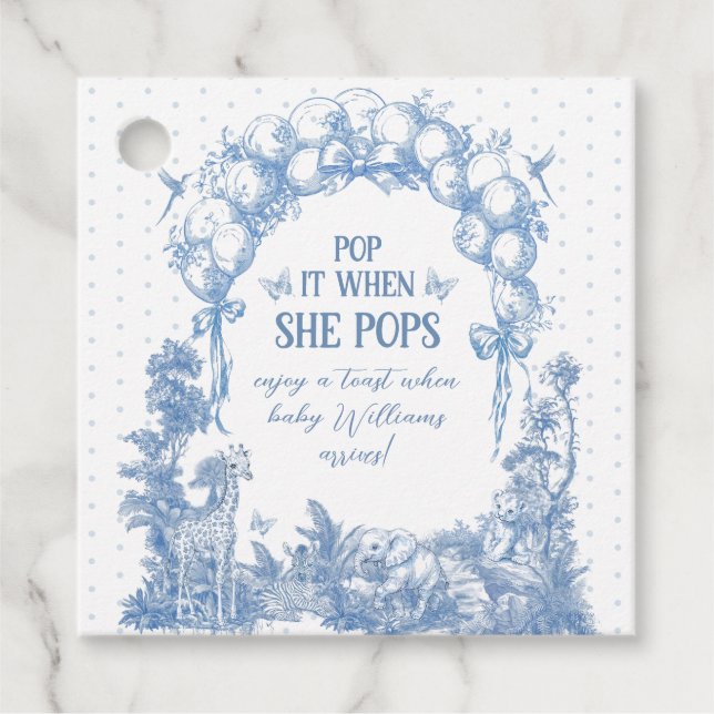 Safari Animal Blue Toile Pojke Shower Hon pusig Gåvor Etiketter (Framsida)