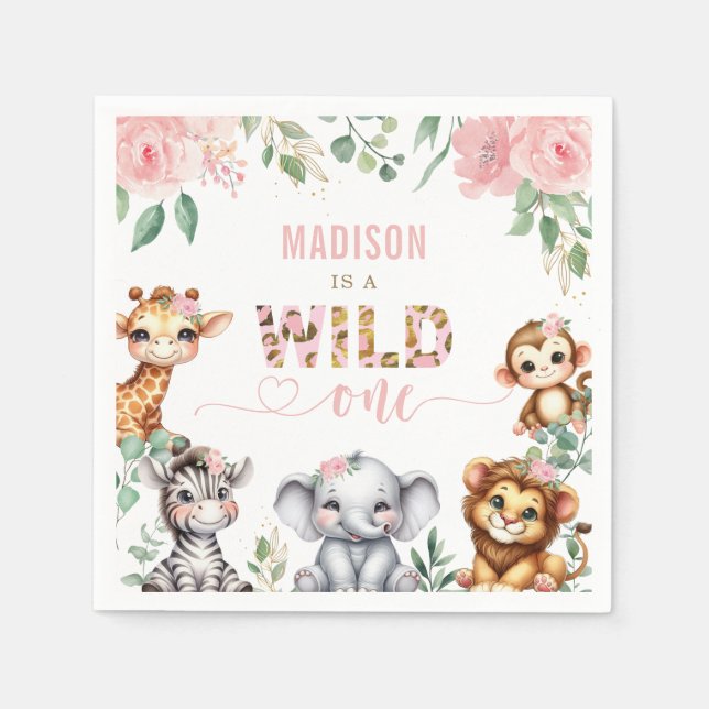 Safari Animal Blush Pink Floral Wild One Birthday Pappersservett (Framsidan)