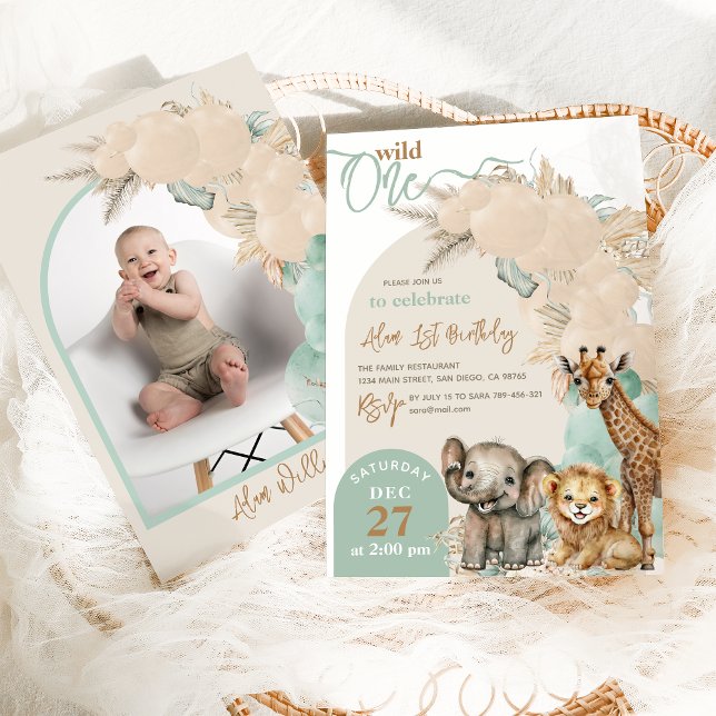Safari animal Boho Balloon Boy 1 Birthday Photo Inbjudningar (Skapare uppladdad)
