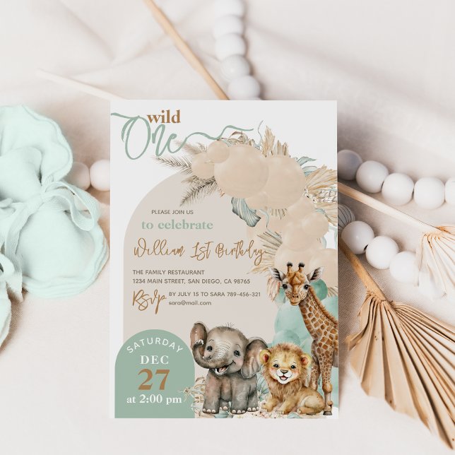 Safari animal Boho Balloon Boy 1st Birthday Inbjudningar (Skapare uppladdad)